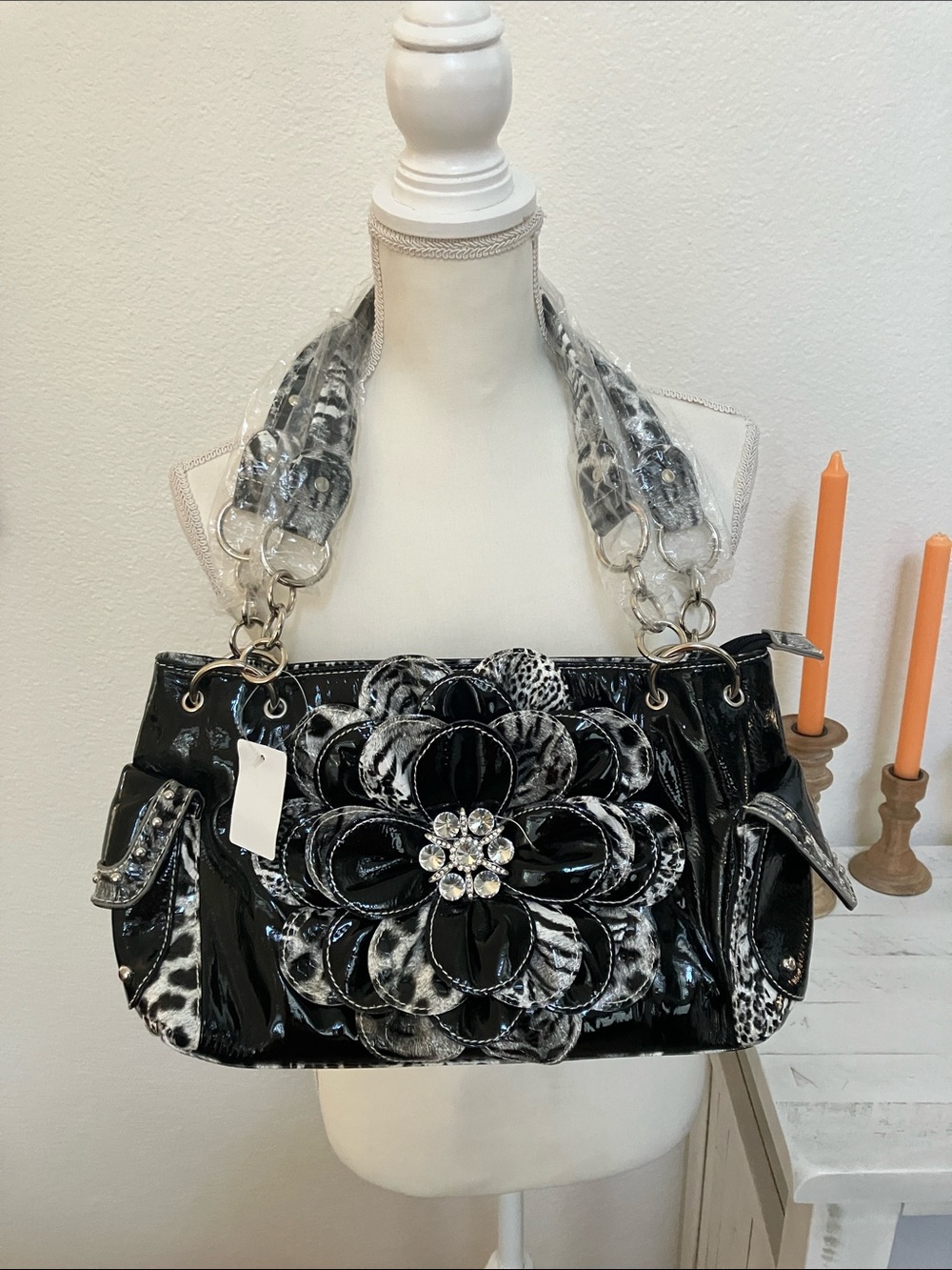 Y2k Western Black Leopard Floral Applique Shoulder Bag with Crystal Center